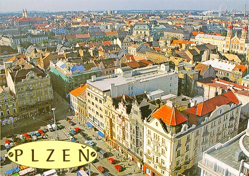 Pohlednice Plzeň - náměstí z věže na šířku